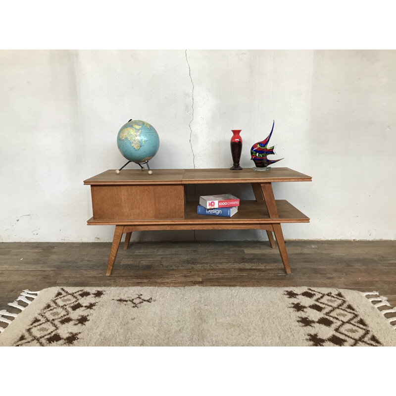 Vintage tv stand in light oak with compass feet 1950-1960