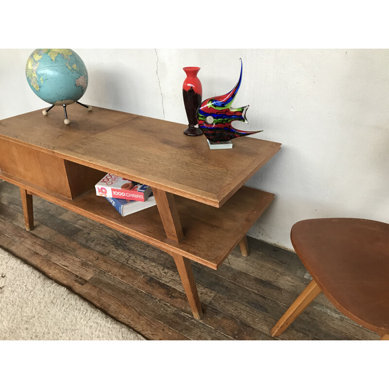 Vintage tv stand in light oak with compass feet 1950-1960