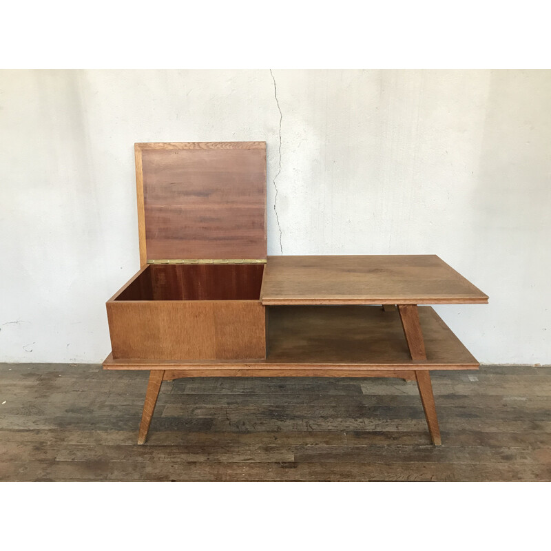 Vintage tv stand in light oak with compass feet 1950-1960