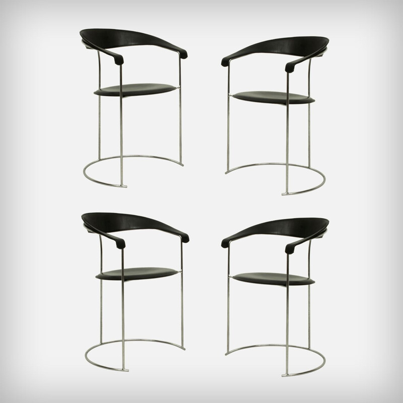 Set of 4 Italian Chrome & Black Leather Armchairs Model Canasta from Arrben, 1960s