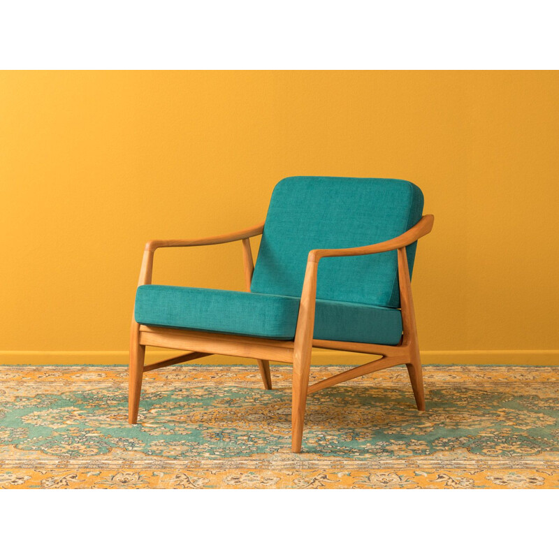 Vintage blue petrol armchair in cherywood 1950s