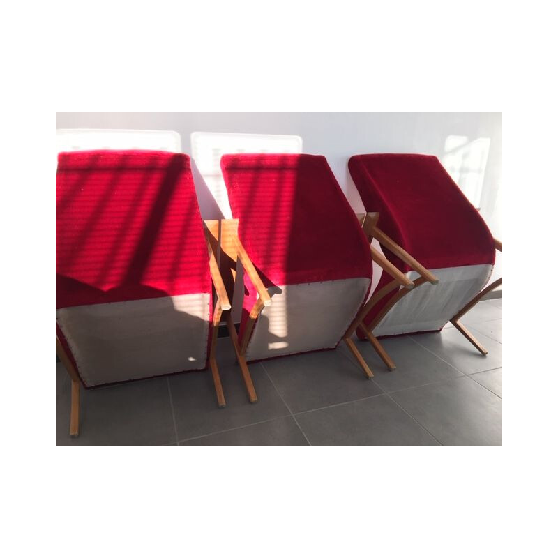 Ensemble de 3 fauteuils vintage de salon, design scandinave en moleskine rouge 1960