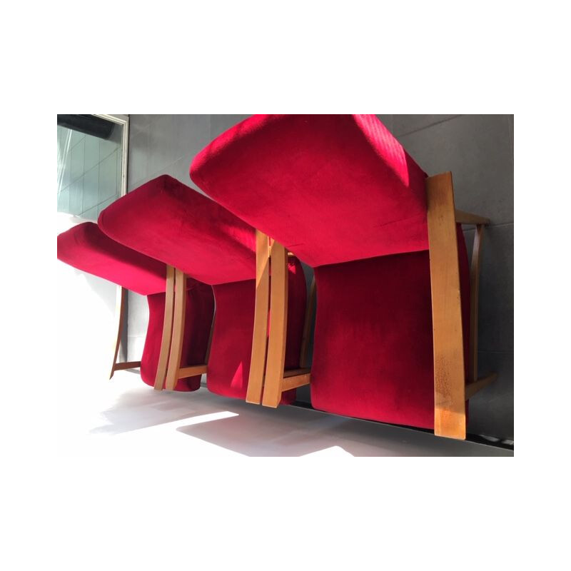 Set of 3 vintage armchairs, Scandinavian design in red moleskine 1960