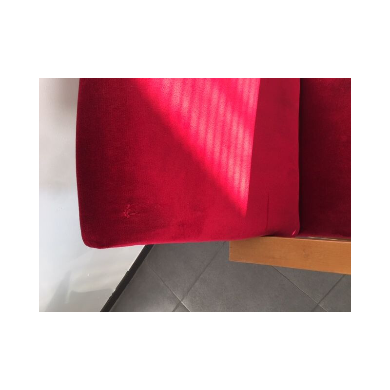 Ensemble de 3 fauteuils vintage de salon, design scandinave en moleskine rouge 1960