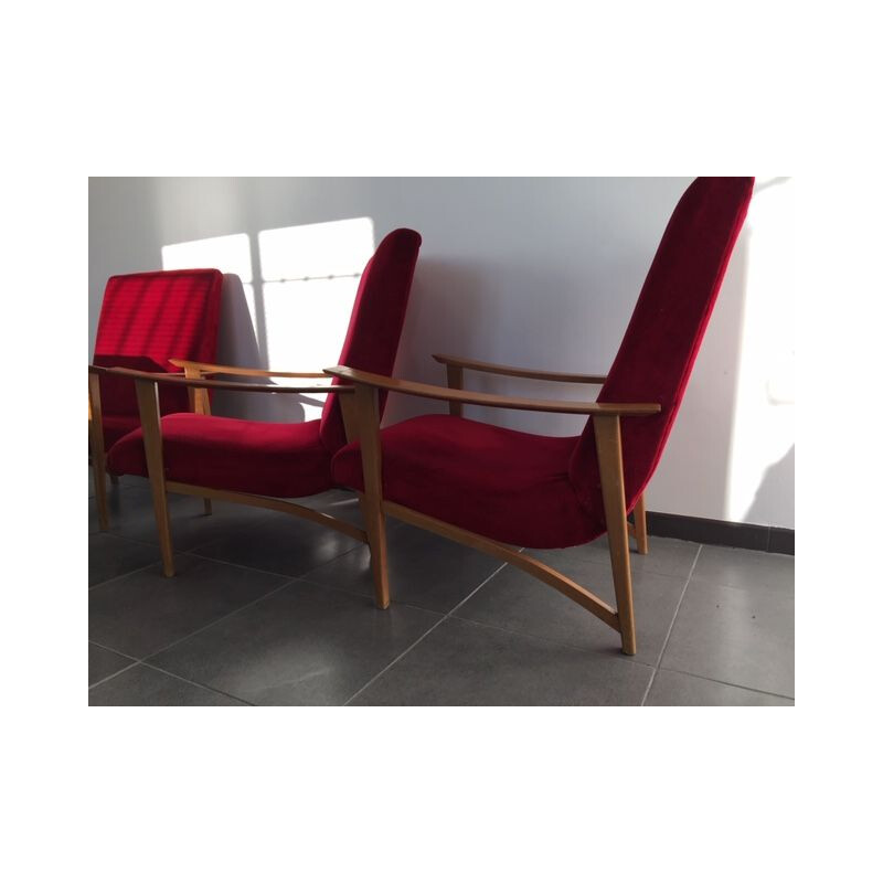 Set of 3 vintage armchairs, Scandinavian design in red moleskine 1960