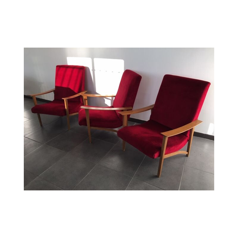 Set of 3 vintage armchairs, Scandinavian design in red moleskine 1960