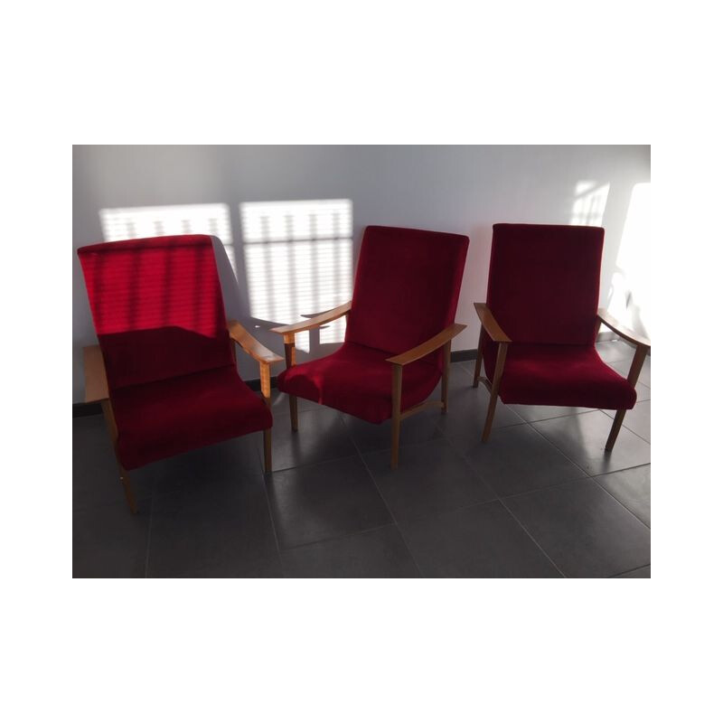Set of 3 vintage armchairs, Scandinavian design in red moleskine 1960