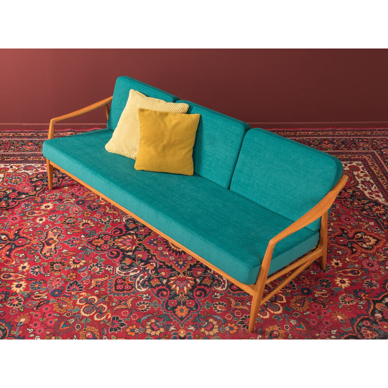 Vintage blue petrol sofa in cherrywood from the 1950s