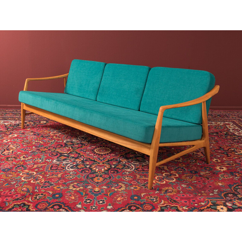 Vintage blue petrol sofa in cherrywood from the 1950s