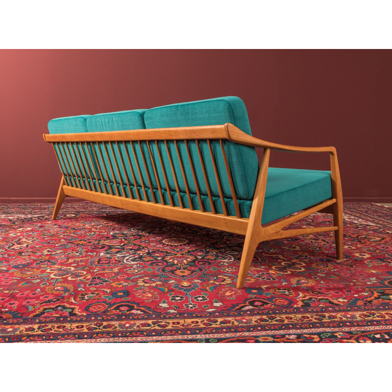 Vintage blue petrol sofa in cherrywood from the 1950s