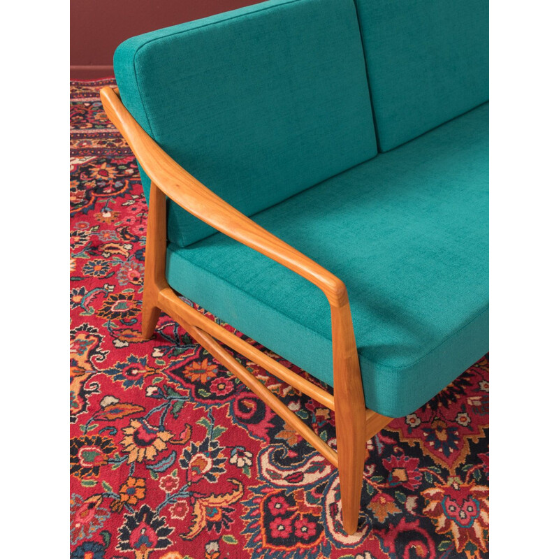 Vintage blue petrol sofa in cherrywood from the 1950s