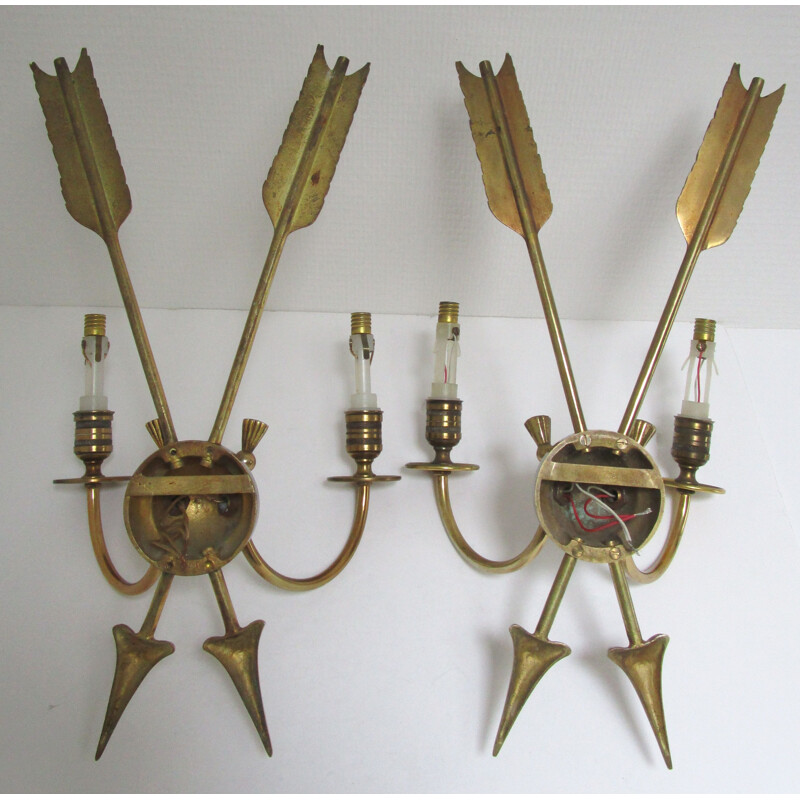 Pair of vintage sconces with bronze arrows decoration by Lucien Gau