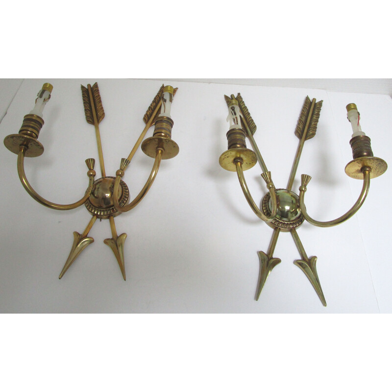 Pair of vintage sconces with bronze arrows decoration by Lucien Gau