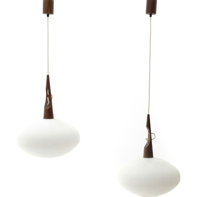 Pair of teak and opaline glass pendant lamps by Skandinavia, 1960