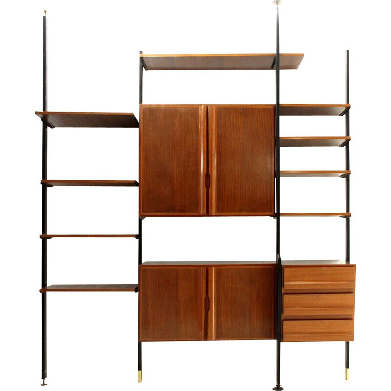 Vintage Italian wall unit in metal brass and wood, 1950s