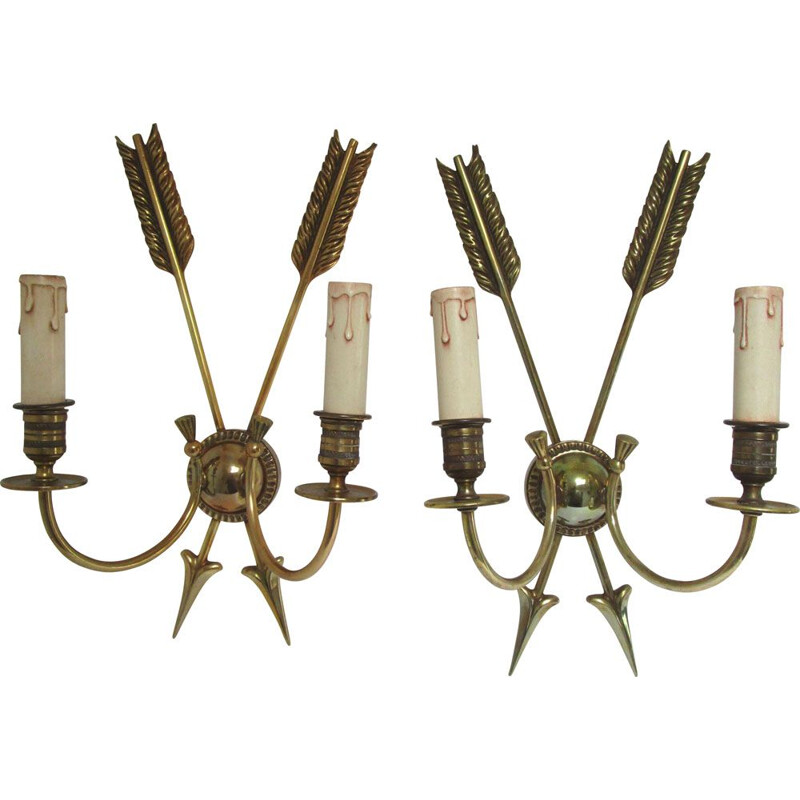 Pair of vintage sconces with bronze arrows decoration by Lucien Gau