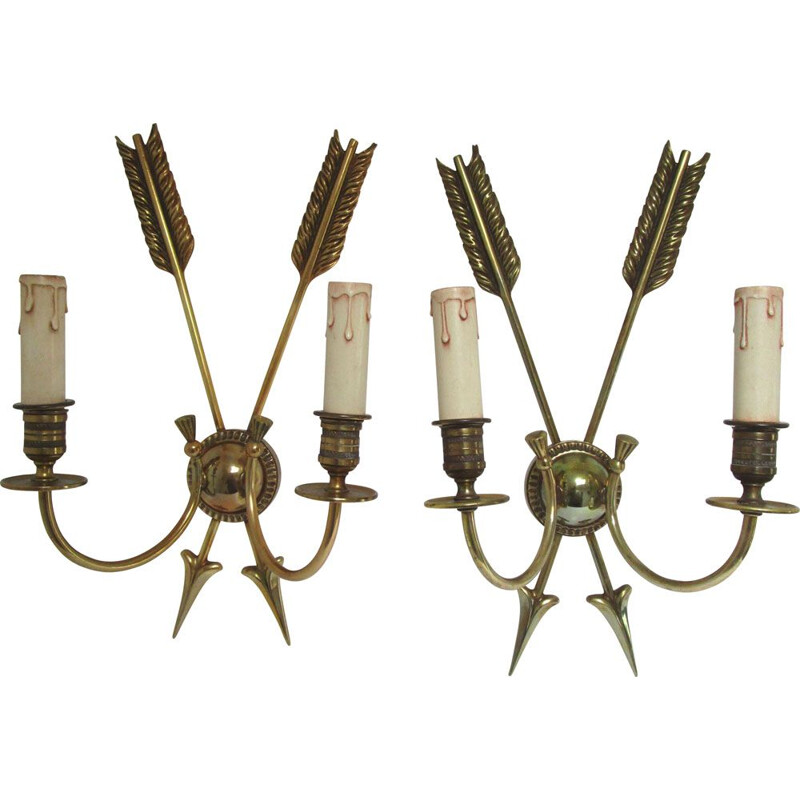 Paire d'appliques vintage à décor de flèches en bronze par Lucien Gau