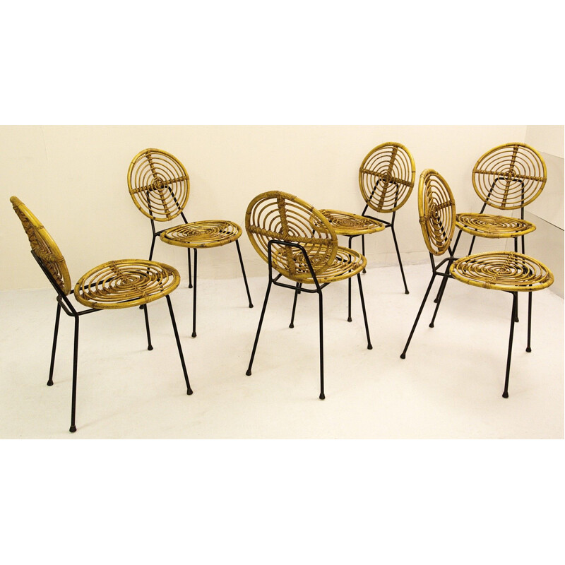 Set of 6 Vintage Rattan Chairs, Thonet, CM166 On Black Metal Base, 1950