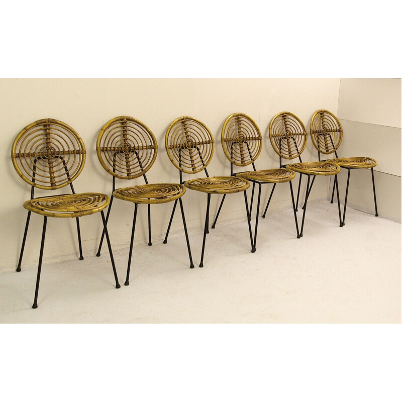 Set of 6 Vintage Rattan Chairs, Thonet, CM166 On Black Metal Base, 1950