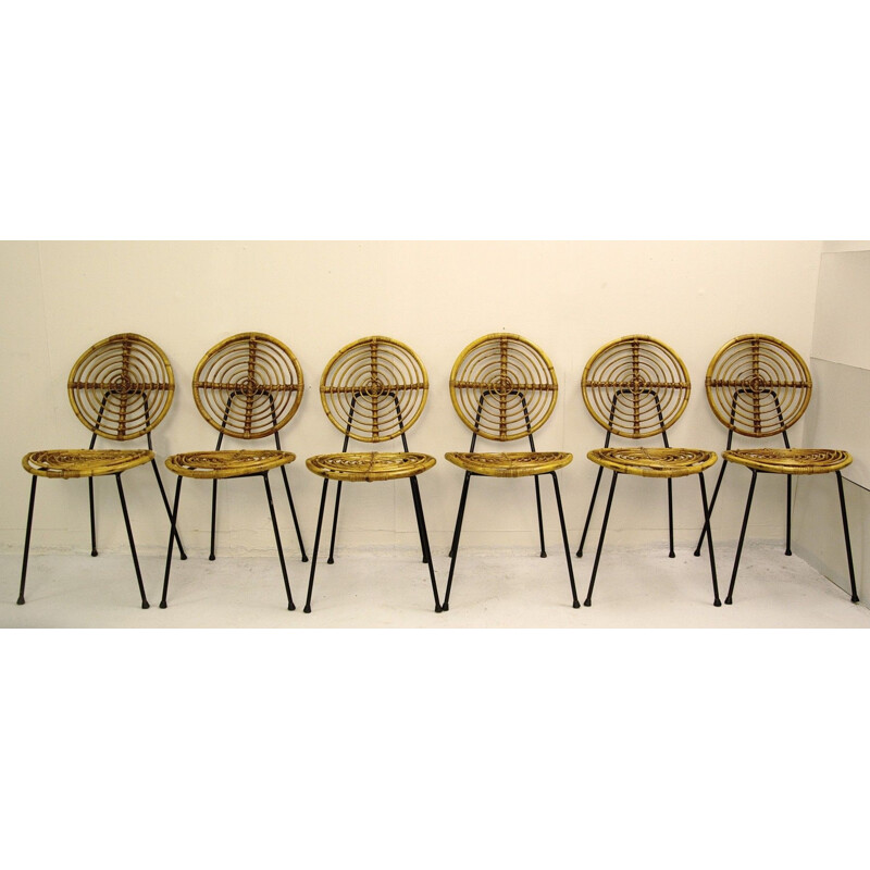 Set of 6 Vintage Rattan Chairs, Thonet, CM166 On Black Metal Base, 1950