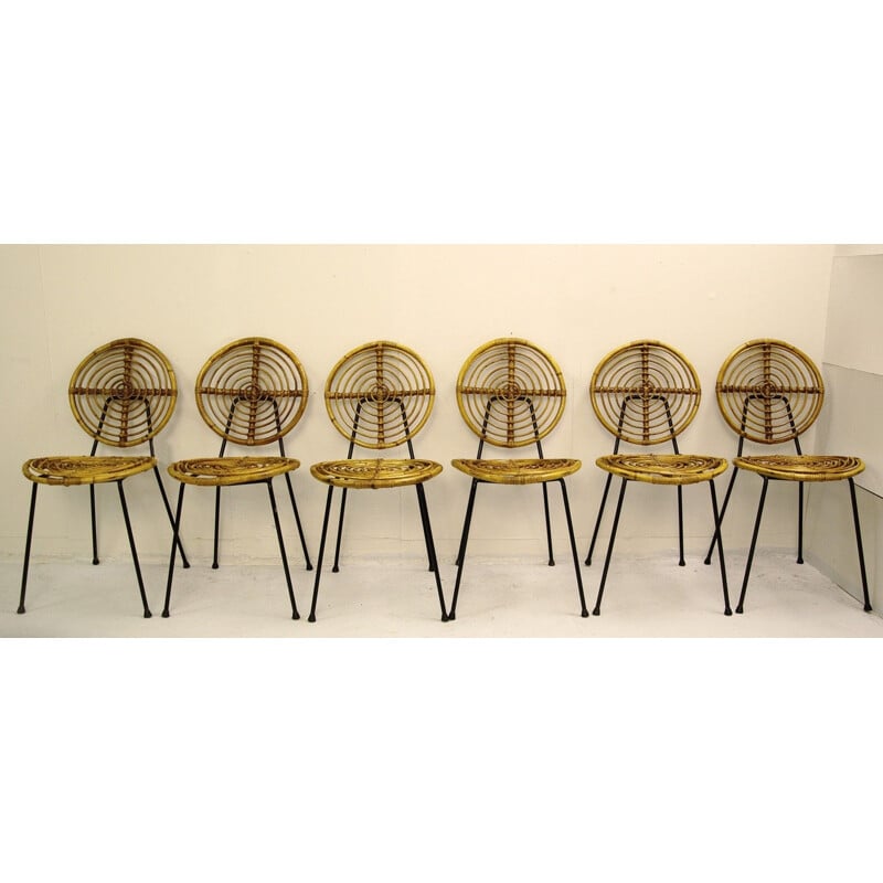 Set of 6 Vintage Rattan Chairs, Thonet, CM166 On Black Metal Base, 1950