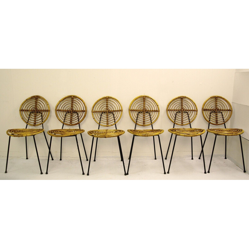 Suite De 6 Chaises vintage en Rotin, Thonet,  CM166 Sur Base En Métal Noir, 1950