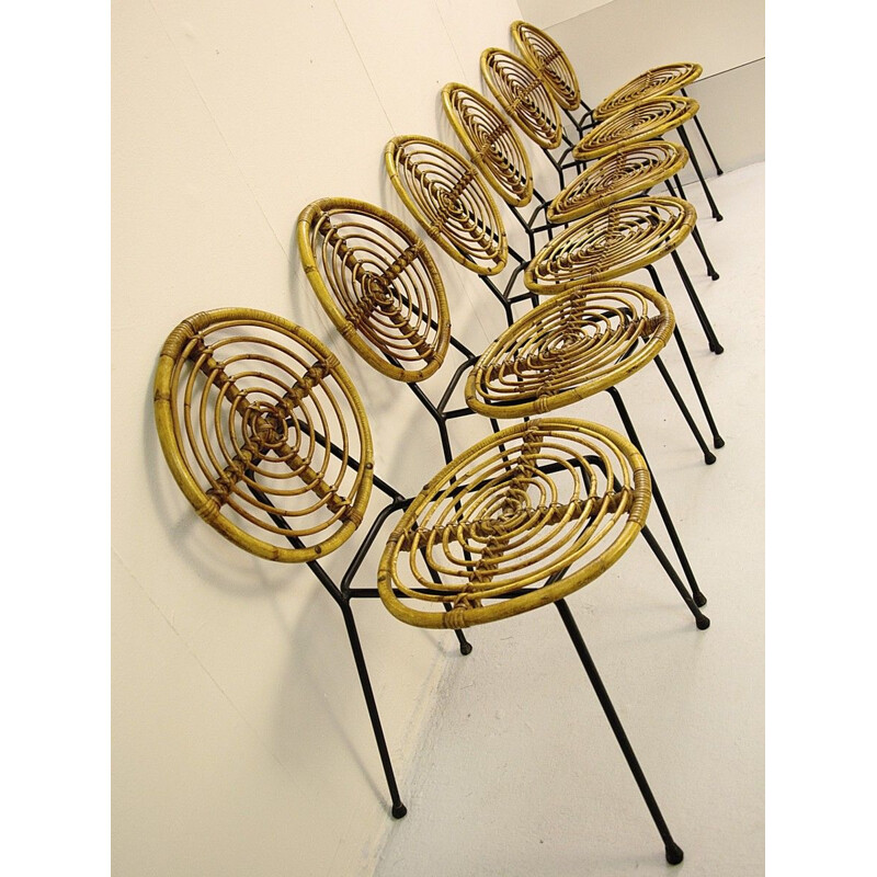 Set of 6 Vintage Rattan Chairs, Thonet, CM166 On Black Metal Base, 1950