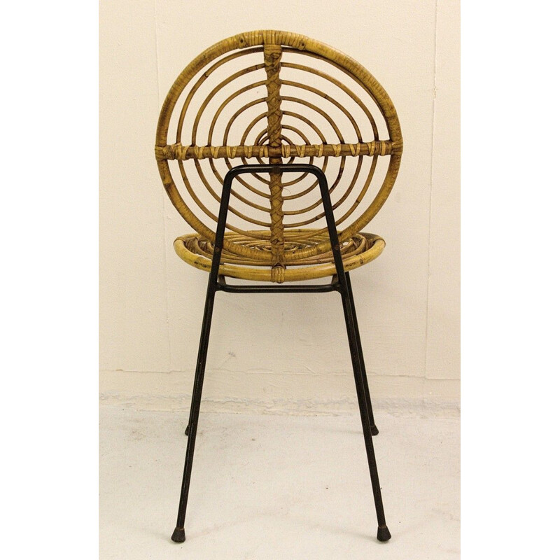 Set of 6 Vintage Rattan Chairs, Thonet, CM166 On Black Metal Base, 1950