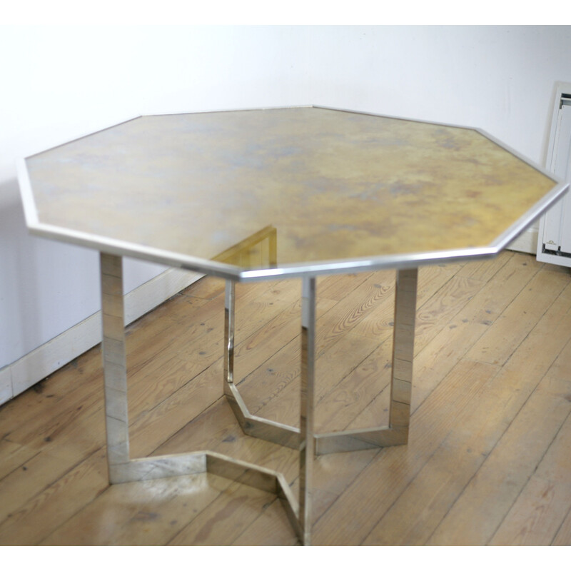 Table vintage acier chromé et plateau verre 1970