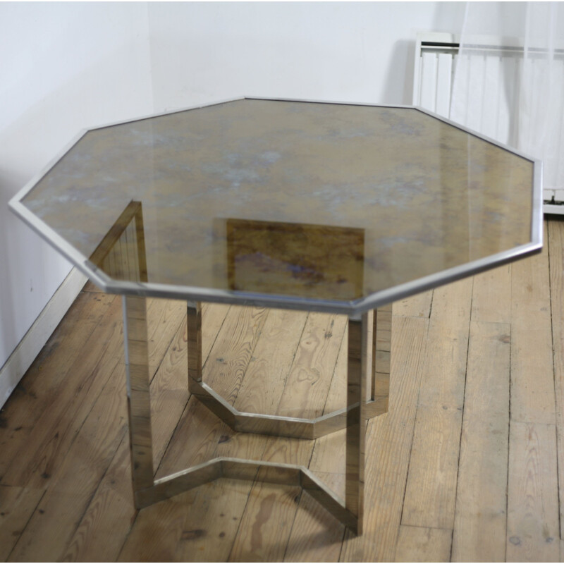 Vintage chromed steel table with  glass top 1970