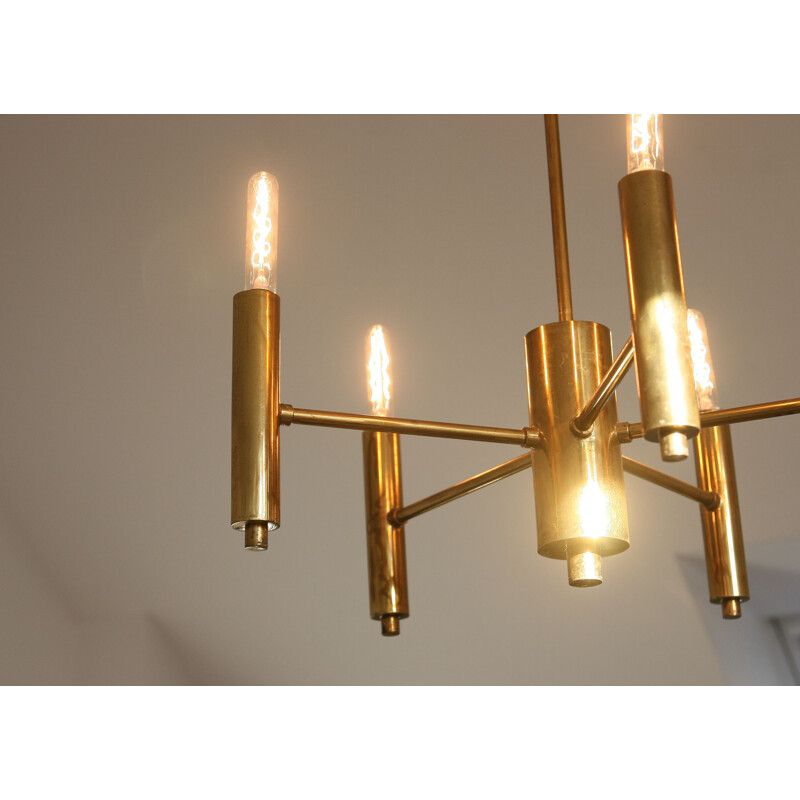 Vintage Minimalist brass 6-arm chandelier, 1950s