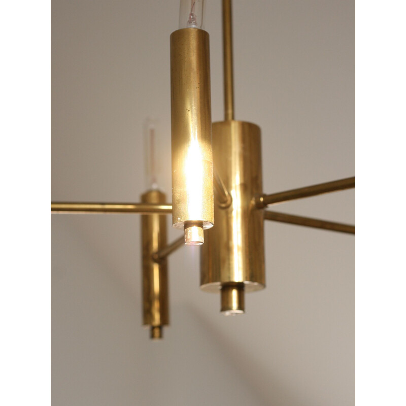 Vintage Minimalist brass 6-arm chandelier, 1950s