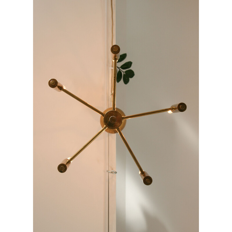 Vintage Minimalist brass 6-arm chandelier, 1950s