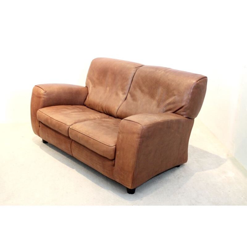 Vintage cognac bull leather "Fatboy" sofa by Molinari, 1980s