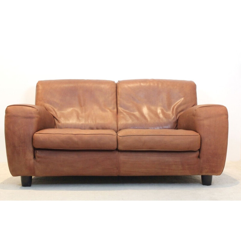 Vintage cognac bull leather "Fatboy" sofa by Molinari, 1980s