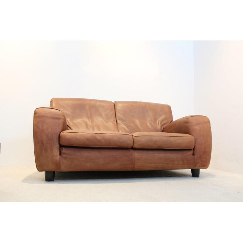 Vintage cognac bull leather "Fatboy" sofa by Molinari, 1980s