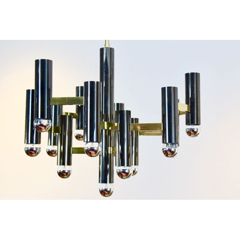 Vintage Brass and Black Pearl Chandelier by Gaetano Sciolari, Italy 1970