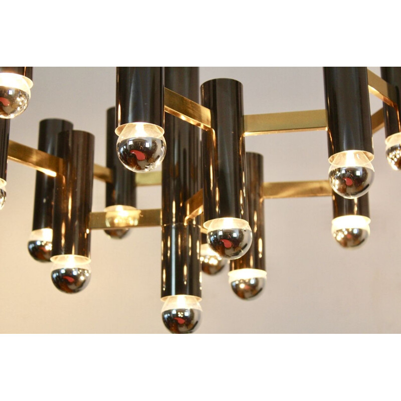 Vintage Brass and Black Pearl Chandelier by Gaetano Sciolari, Italy 1970