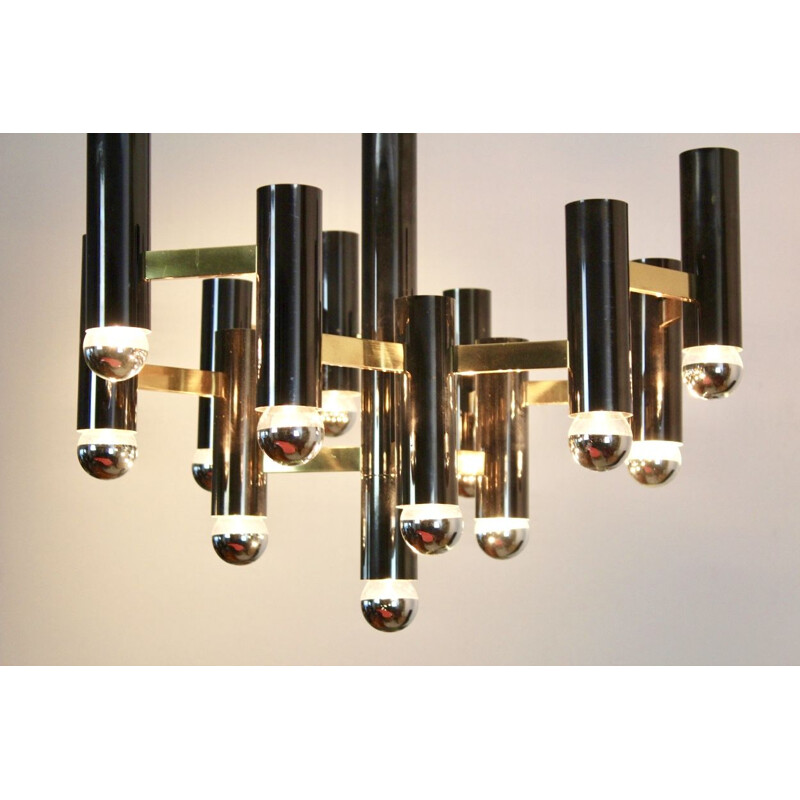 Vintage Brass and Black Pearl Chandelier by Gaetano Sciolari, Italy 1970