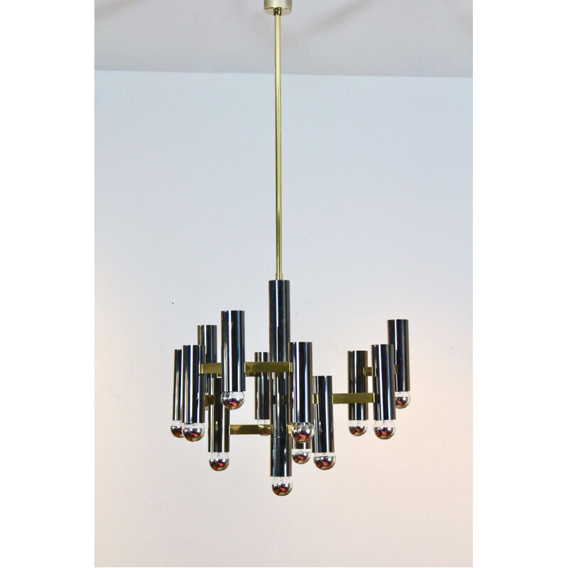 Vintage Brass and Black Pearl Chandelier by Gaetano Sciolari, Italy 1970