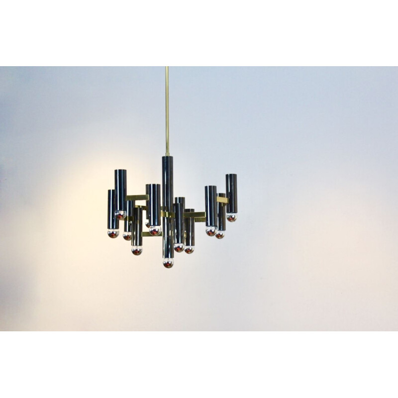 Vintage Brass and Black Pearl Chandelier by Gaetano Sciolari, Italy 1970