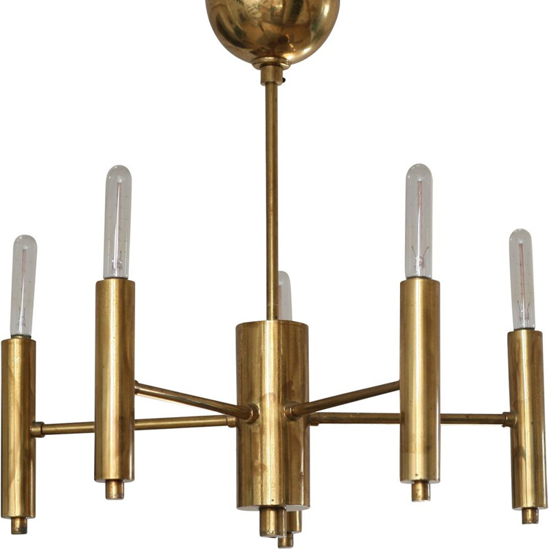 Vintage Minimalist brass 6-arm chandelier, 1950s