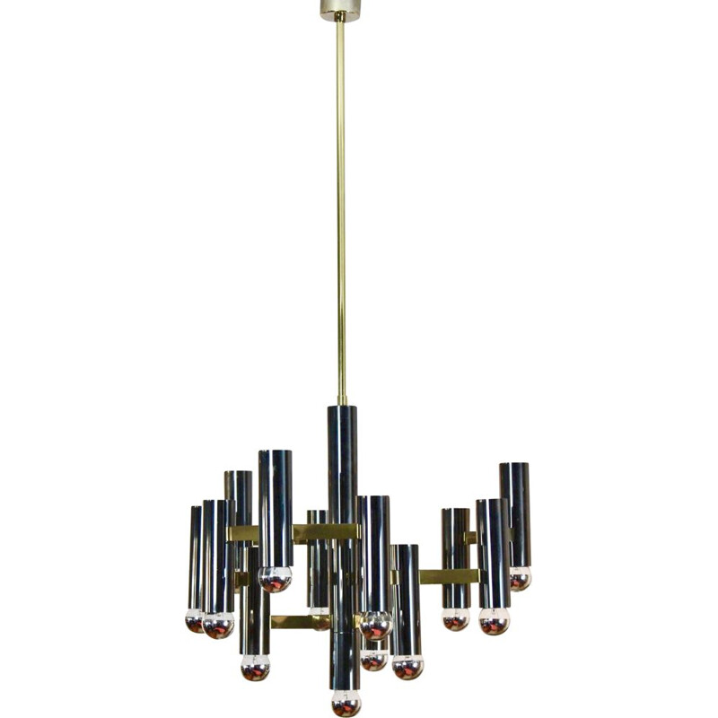 Vintage Brass and Black Pearl Chandelier by Gaetano Sciolari, Italy 1970