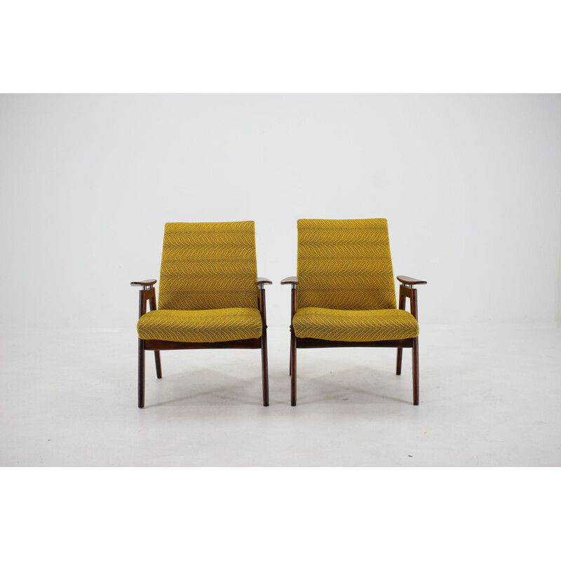 Pair of 2 yellow armchairs in beech wood, Czechoslovakia, 1960