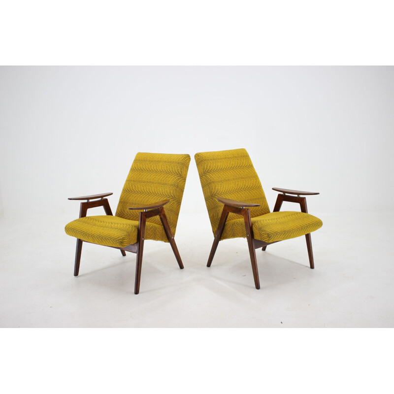 Pair of 2 yellow armchairs in beech wood, Czechoslovakia, 1960