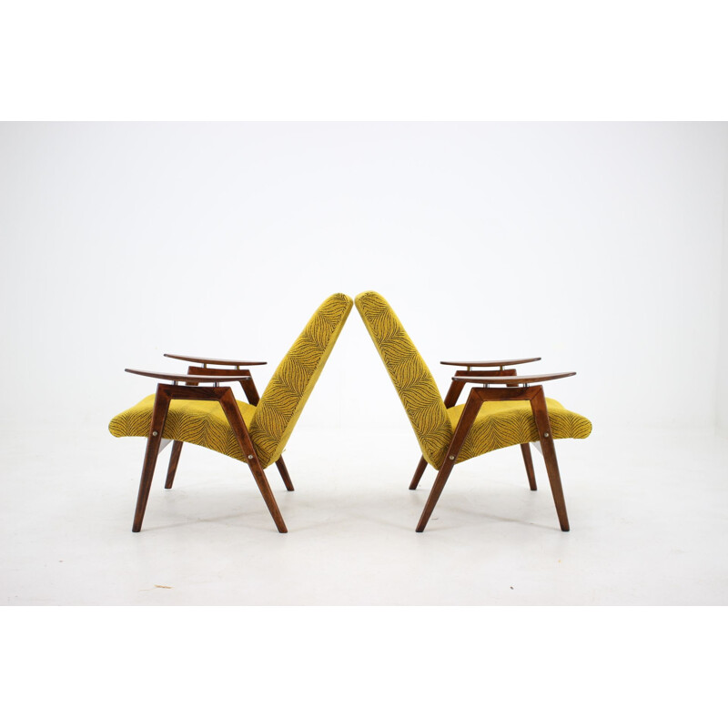 Pair of 2 yellow armchairs in beech wood, Czechoslovakia, 1960