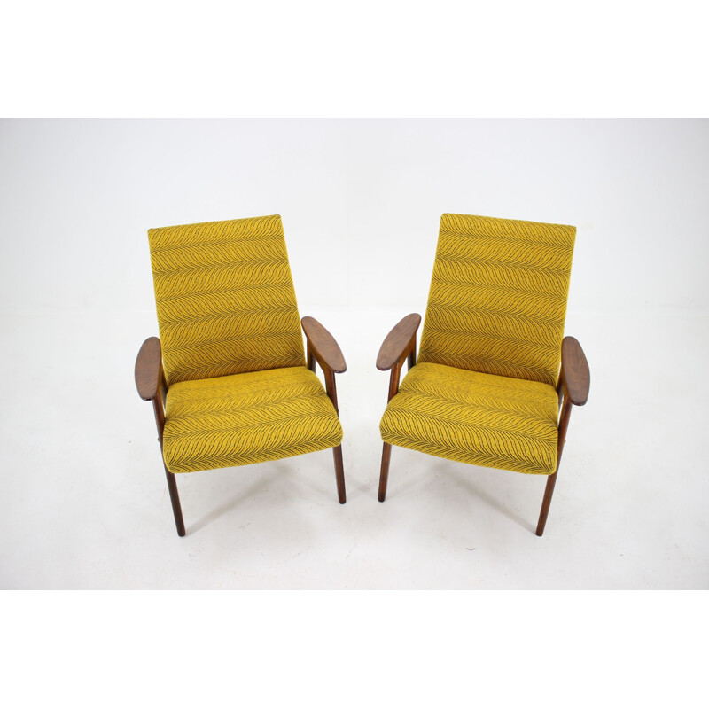 Pair of 2 yellow armchairs in beech wood, Czechoslovakia, 1960