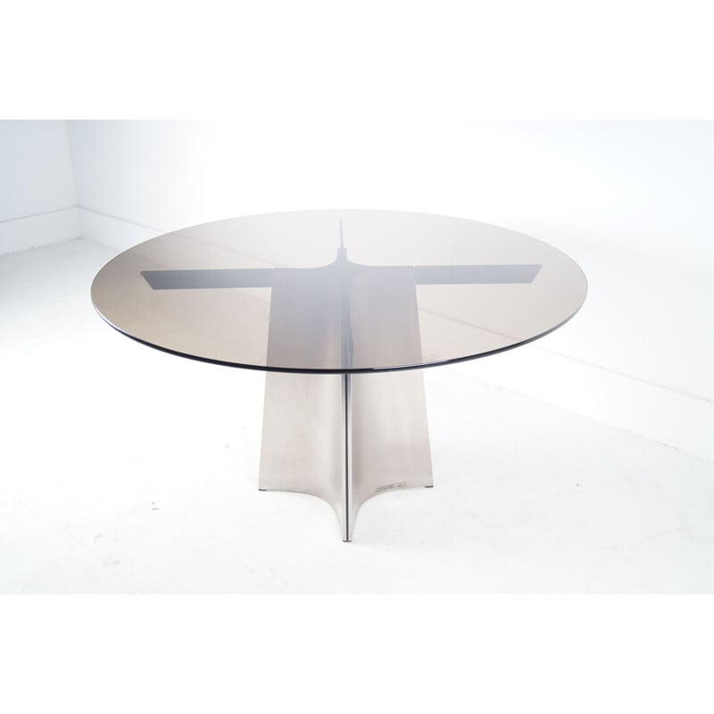 Table à repas vintage en acier et verre par Luigi Saccardo pour la Maison Jansen, 1970