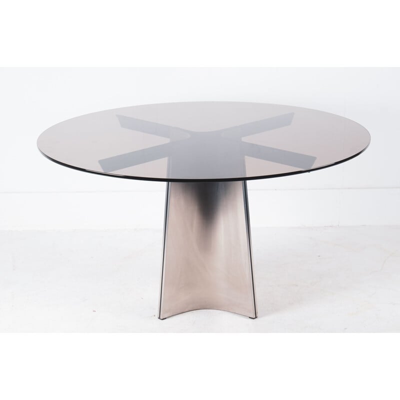 Table à repas vintage en acier et verre par Luigi Saccardo pour la Maison Jansen, 1970