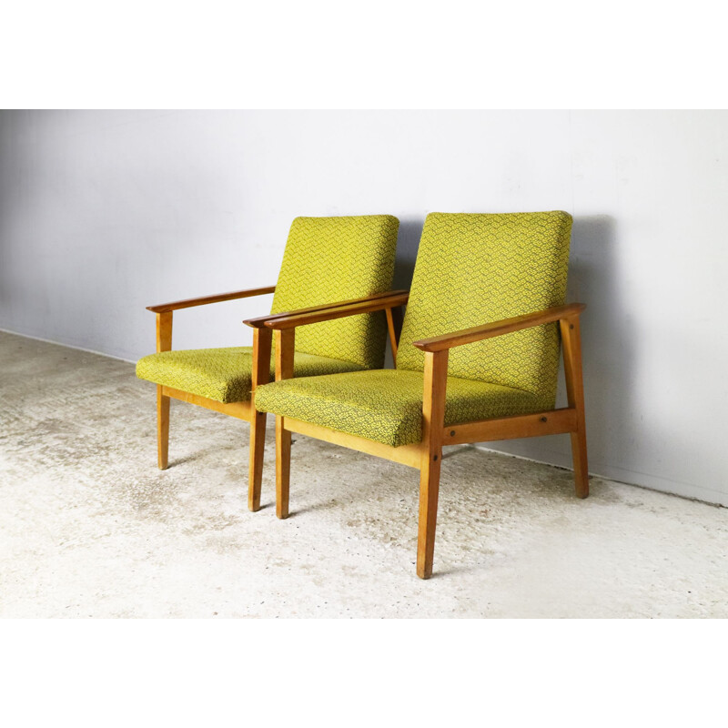 Vintage pair of yellow green armchairs, Czechoslovakia